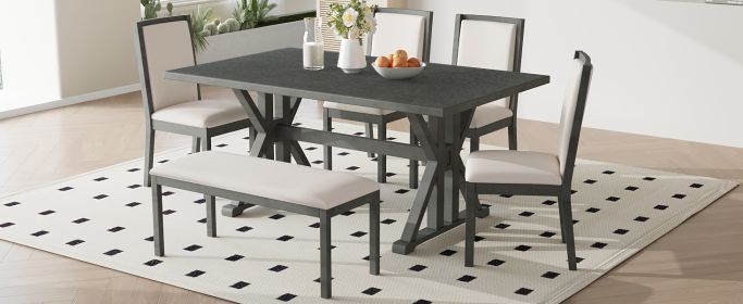 TOPMAX Farmhouse Classical 6-Piece Dining Table Set with Trestle Legs,Kitchen Table Set for 6 with 4 Upholstered Dining Chairs and Bench, Grey