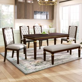 6-Piece Kitchen Dining Table Set, 60" Rectangular Table and 4 High-Back Tufted Chairs & 1 Bench for Dining Room and Kitchen (Espresso)