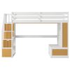 Full Size Loft Bed with Desk and Shelves, Two Built-in Drawers, Storage Staircase, White and Natural