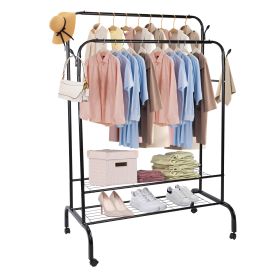 Garment Hanging Rack Clothing Hanging Rail Pillow Shoe Display Organizer Clothes Organizer Stand with 2 Rails 2 Shelves 4 Rolling Wheels 4 Hooks (Option: GarmentRack(Black))