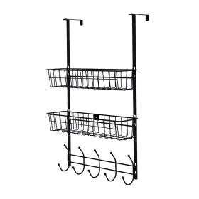 Over The Door Hooks Organizer Door Towel Rack Hanger 5 Hooks with 2 Metal Baskets for Bathroom Bedroom Kitchen Storage Shelf (Option: DoorHanger(Black))