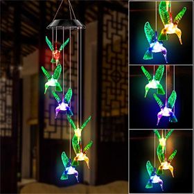 LED Colorful Solar Power Wind Chime Crystal Hummingbird Butterfly Waterproof Outdoor Windchime Solar Light for Garden outdoor (Emitting Color: 01, Ships From: China)