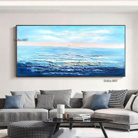 Handmade Serene Seascape A Light Blue Oil Painting of a Sailboat on the Ocean Living Room hallway bedroom luxurious decorative painting (size: 70x140cm)