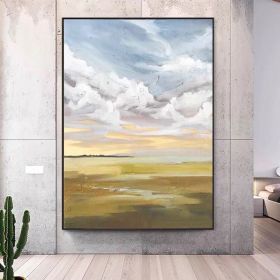 Abstract 100% Handmade Blue Sky Landscape Oil Painting Scenery Large Size Canvas Picture Gift for Living Room Decoration (size: 70x140cm)