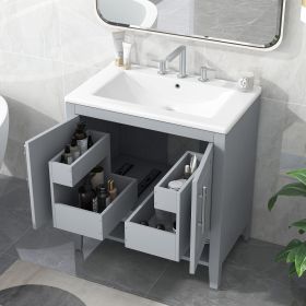 30" Bathroom Vanity with Sink, Multi-functional Bathroom Cabinet with Doors and Drawers, Solid Frame and MDF Board (Color: Grey)