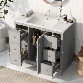 Contemporary Bathroom Vanity Cabinet - 36x18x34 inches, 4 Drawers & 1 Cabinet Door, Multipurpose Storage, Resin Integrated Sink, Adjustable Shelves (Color: Gray, Material: Solid Wood+MDF+Resin)