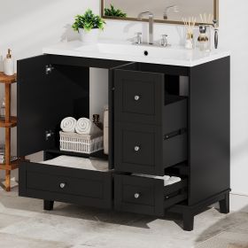 36" Modern Bathroom Vanity with USB Charging, Two Doors and Three Drawers Bathroom Storage Vanity Cabinet (Color: Black, Material: Solid Wood+MDF+Resin)