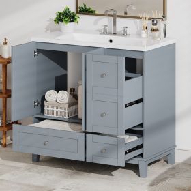 36" Modern Bathroom Vanity with USB Charging, Two Doors and Three Drawers Bathroom Storage Vanity Cabinet (Color: Grey, Material: Solid Wood+MDF+Resin)