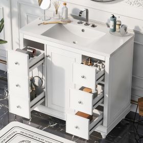 Contemporary Bathroom Vanity Cabinet - 36x18x34 inches, 4 Drawers & 1 Cabinet Door, Multipurpose Storage, Resin Integrated Sink, Adjustable Shelves (Color: White, Material: Solid Wood+MDF+Resin)