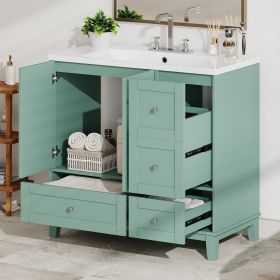 36" Modern Bathroom Vanity with USB Charging, Two Doors and Three Drawers Bathroom Storage Vanity Cabinet (Color: Green, Material: Solid Wood+MDF+Resin)