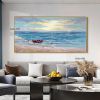 Handmade Serene Seascape A Light Blue Oil Painting of a Sailboat on the Ocean Living Room hallway bedroom luxurious decorative painting