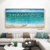 Handmade Serene Seascape A Light Blue Oil Painting of a Sailboat on the Ocean Living Room hallway bedroom luxurious decorative painting